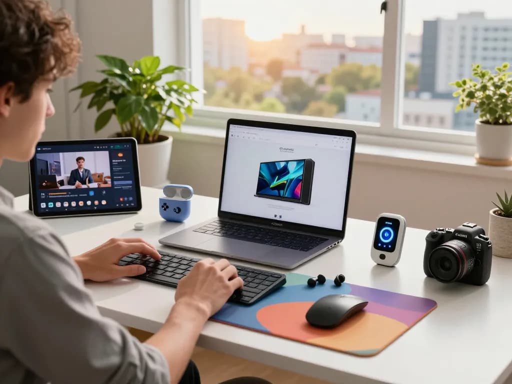 Explore trending tech gadgets setup in a modern home office with Bluetooth devices.