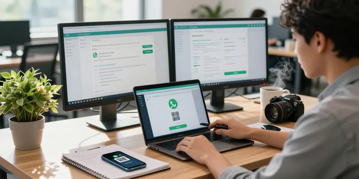 Busy office scene with professional using WhatsApp網頁版 on a laptop, vibrant and inviting workspace.