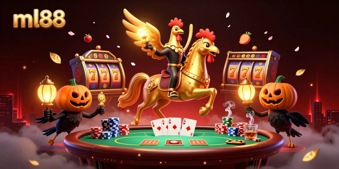 Experience the thrilling action at ml88 casino with golden rooster and spectral horse, surrounded by slot reels and poker chips.