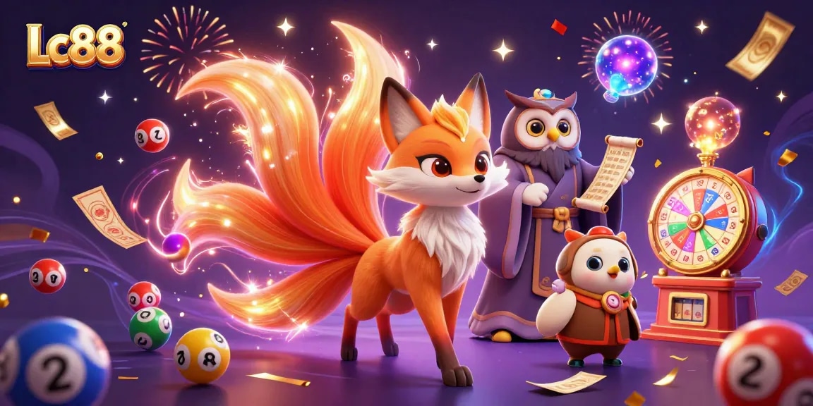 Engage with Lc88 in this vibrant 3D illustration showcasing colorful casino elements and joyful spirits.