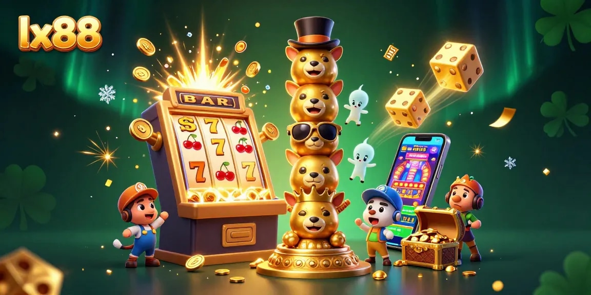 Spin and win at lx88 with a vibrant 3D casino scene full of jackpots and colorful game elements.