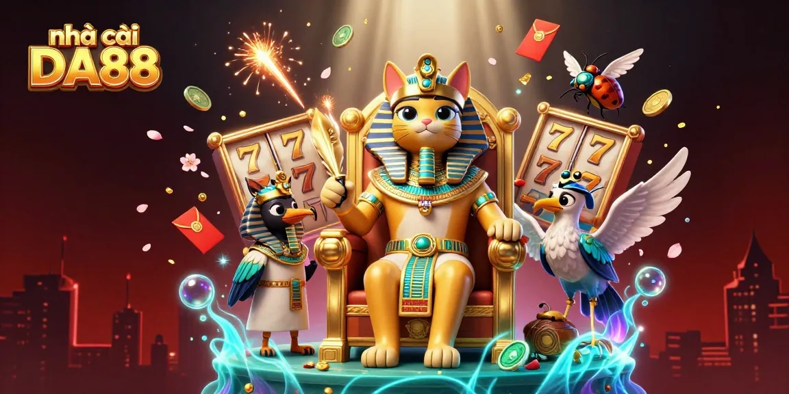 Experience exciting gameplay at nhà cái DA88 with vibrant 3D visuals of slot reels and unique characters.