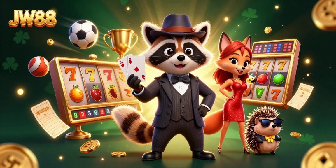 Watch JW88's raccoon gentleman and fox lady celebrate winning on slot reels and sports betting.