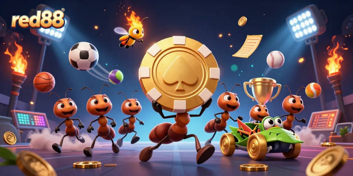 Experience the excitement at red88 with a thrilling heist scene featuring ants, sports elements, and casino flair.