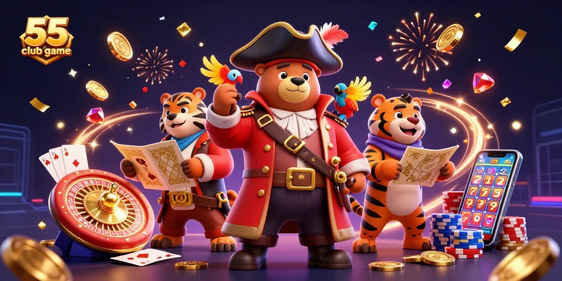 Immerse in the excitement of 55 club game with a pirate bear, tiger first mate, and golden treasure
