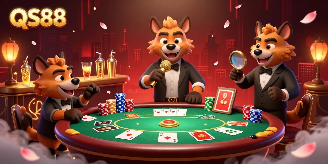QS88 hyenas entertain in a lively casino with poker elements and vibrant atmosphere.