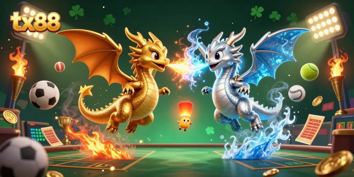 Experience thrilling gameplay with tx88 in this dynamic 3D dragon casino illustration featuring sports balls and golden elements.