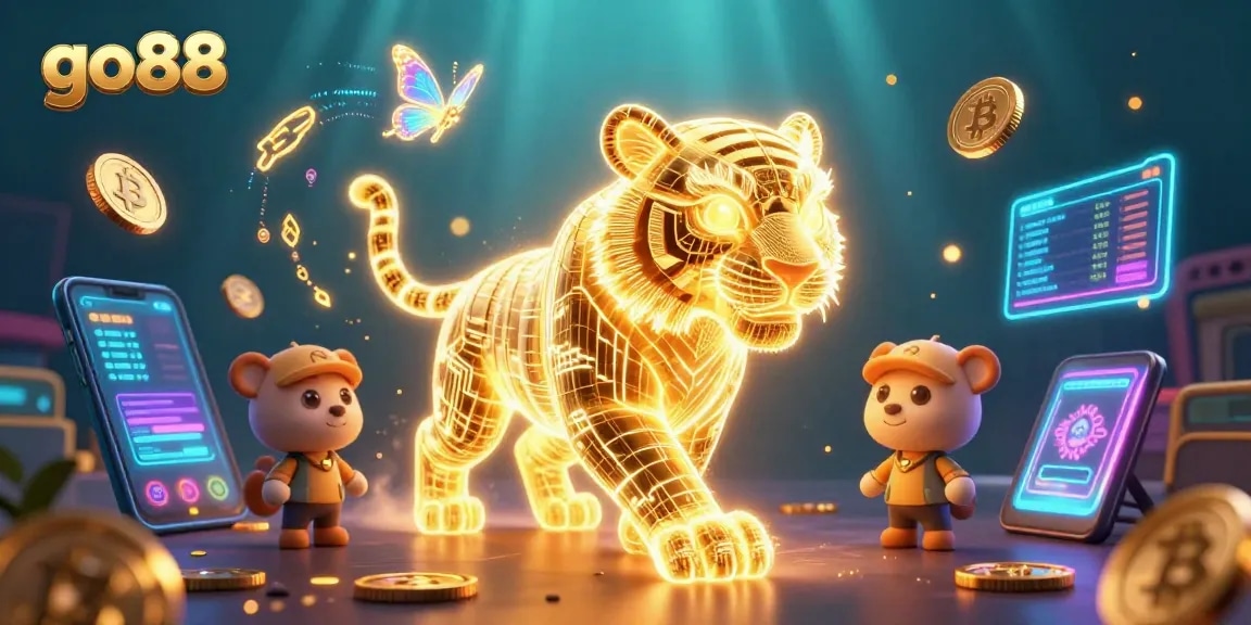 Engage in thrilling gameplay with go88, featuring a golden tiger in a vibrant digital casino atmosphere.