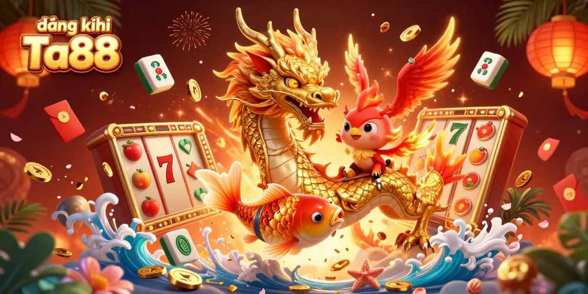 Engage in exciting gameplay with đăng ký Ta88, featuring a vibrant scene of a golden dragon, phoenix, and koi surrounded by slot symbols.