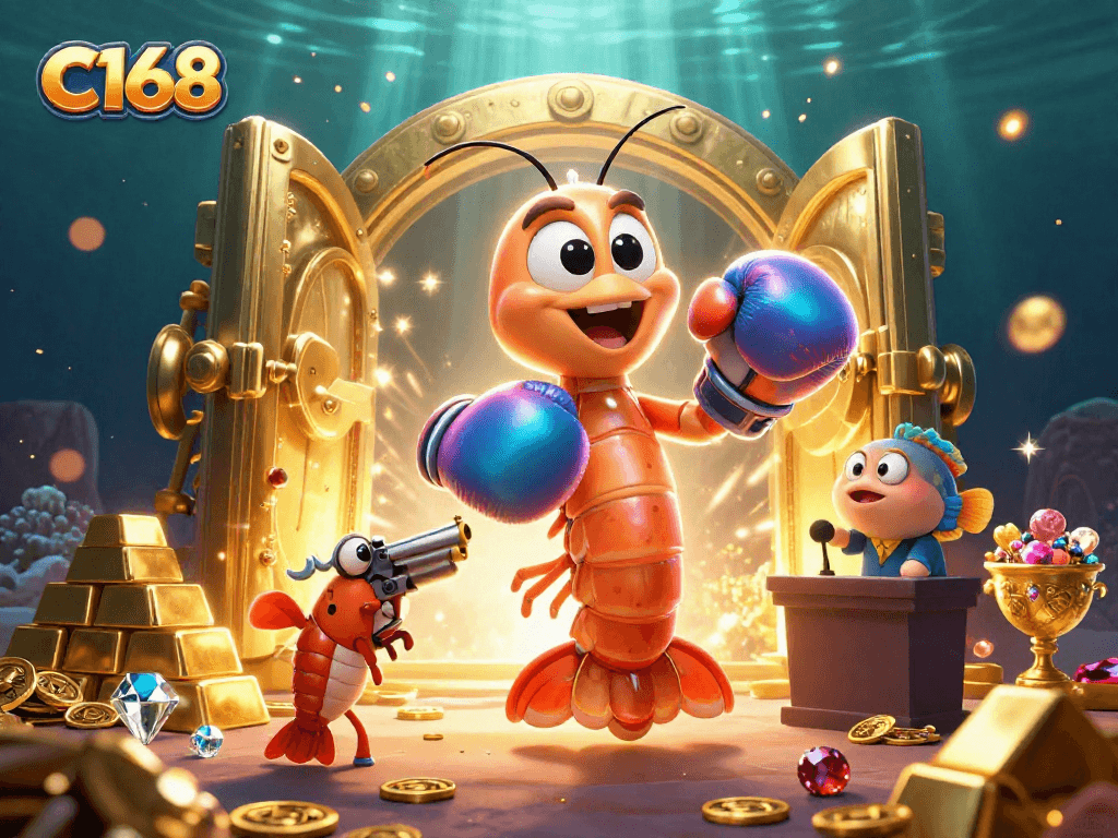 C168 offers thrilling gambling action with cartoon mantis shrimp and treasure in a vibrant scene.