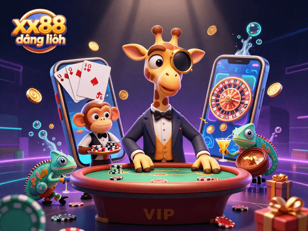 Experience xx88 đăng nhập with a vibrant 3D casino scene depicting characters and gaming elements.