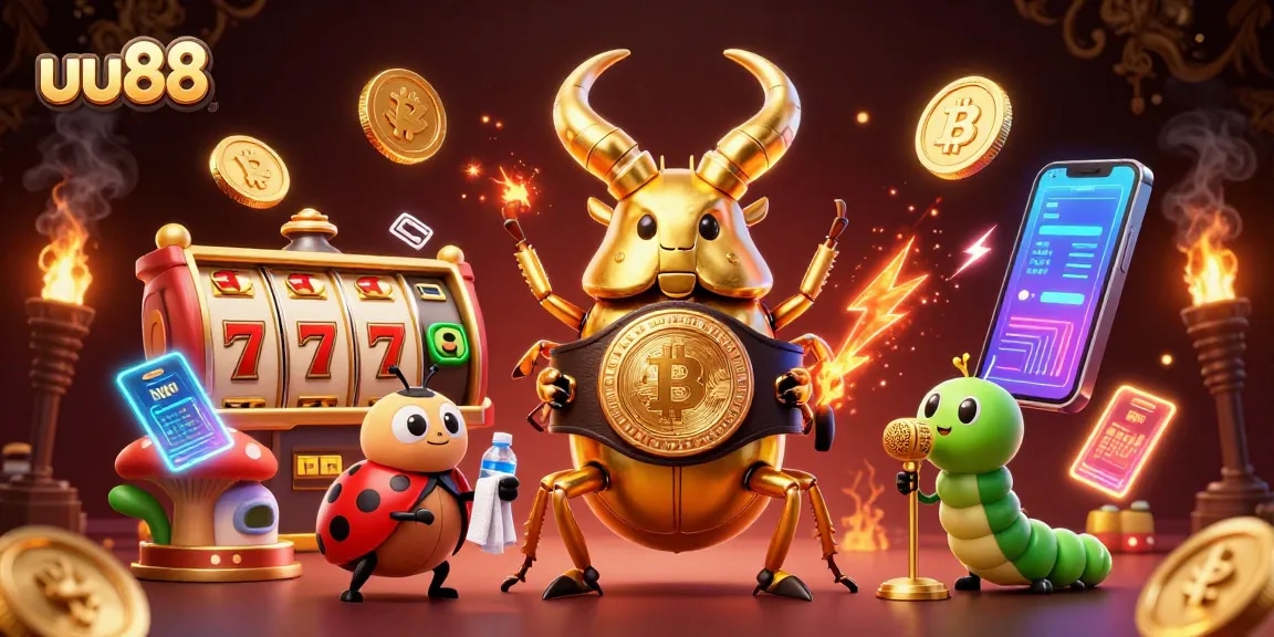Experience thrilling slots action at uu88 with a vibrant scene of characters in a rich casino setting.