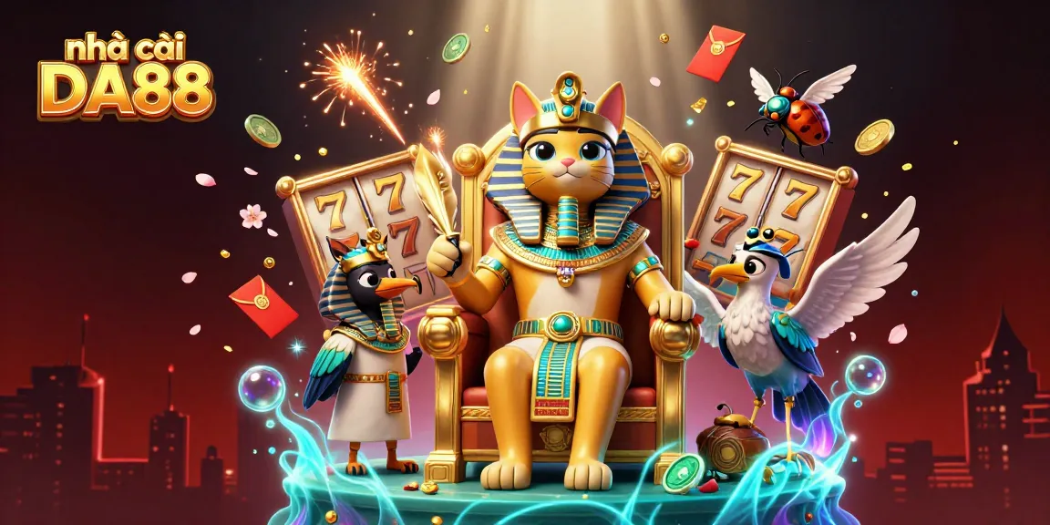 Experience exciting gameplay at nhà cái DA88 with vibrant 3D visuals of slot reels and unique characters.