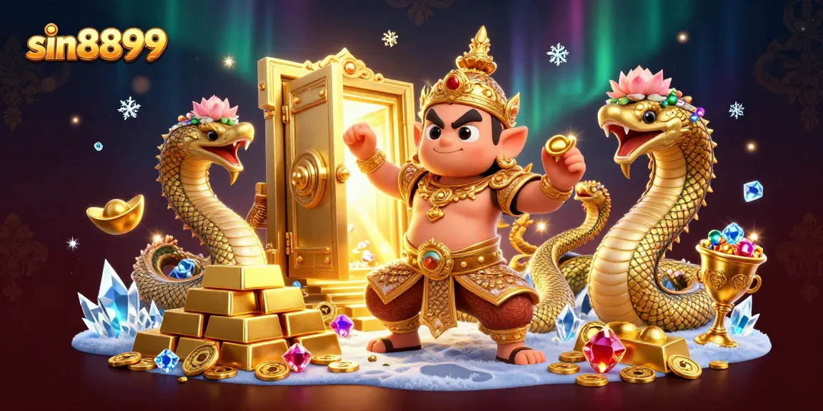 Experience thrilling wins at sin8899 with vibrant characters amidst treasure and casino elements.