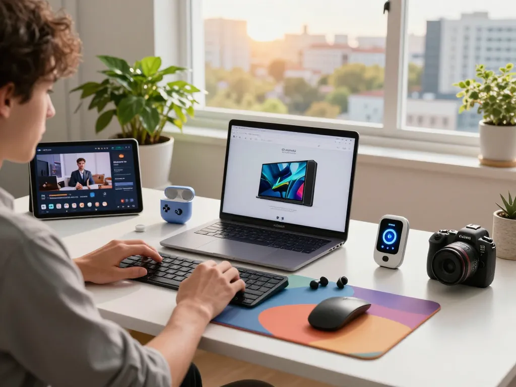 Explore trending tech gadgets setup in a modern home office with Bluetooth devices.