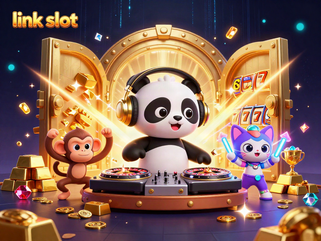 Link slot gaming illustration featuring a DJ panda, dancing monkey, and rave kitten amidst dynamic casino elements.