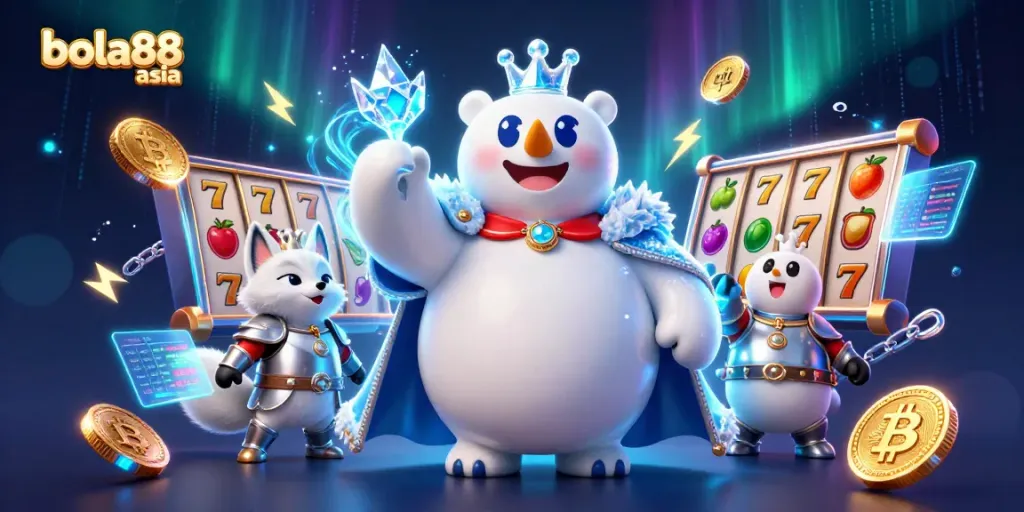 Engage with bola88 asia through a vibrant illustration depicting an ice king polar bear and snow fox amidst slots and crypto elements.