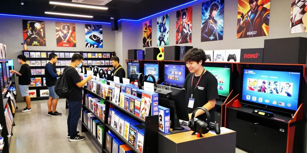 Exciting gaming shop scene showcasing rokok88 merchandise with enthusiastic shoppers.