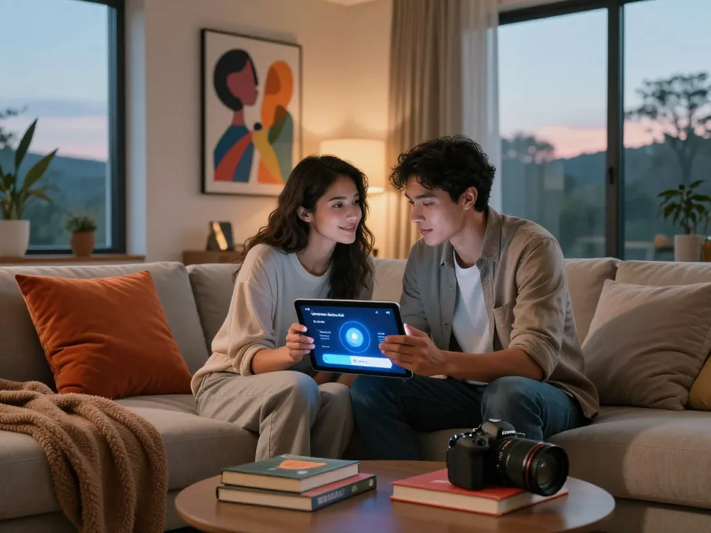 Couple engaging with AI sex app in a cozy home setting, enhancing intimacy.