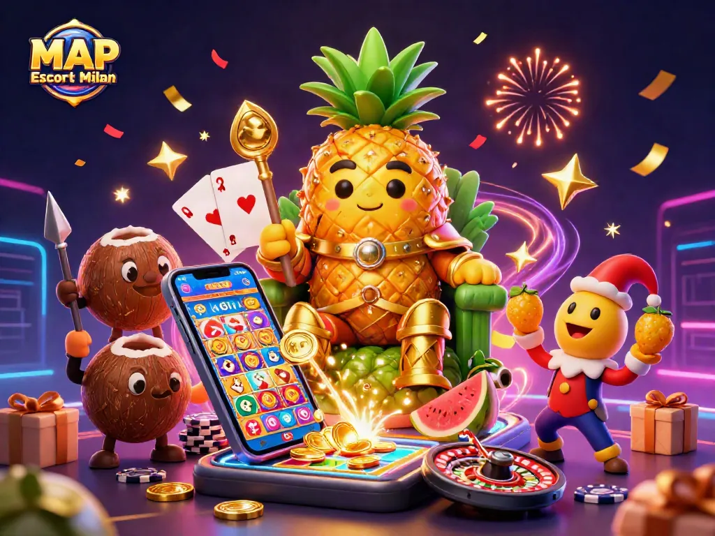 Engage with MAP Escort Milan in a vibrant 3D casino scene, showcasing slot games and fun elements.
