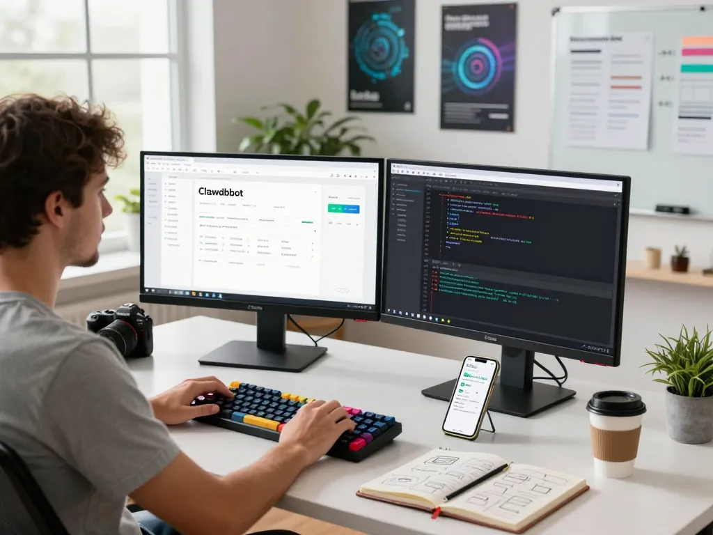 Developer optimizing Clawdbot AI in a vibrant workspace with modern tech setup.