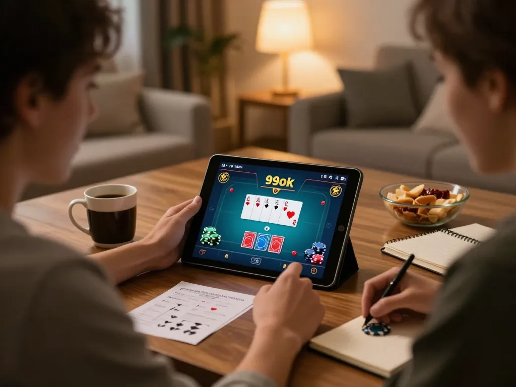 Player enjoying 99ok poker game on tablet in a cozy home setting