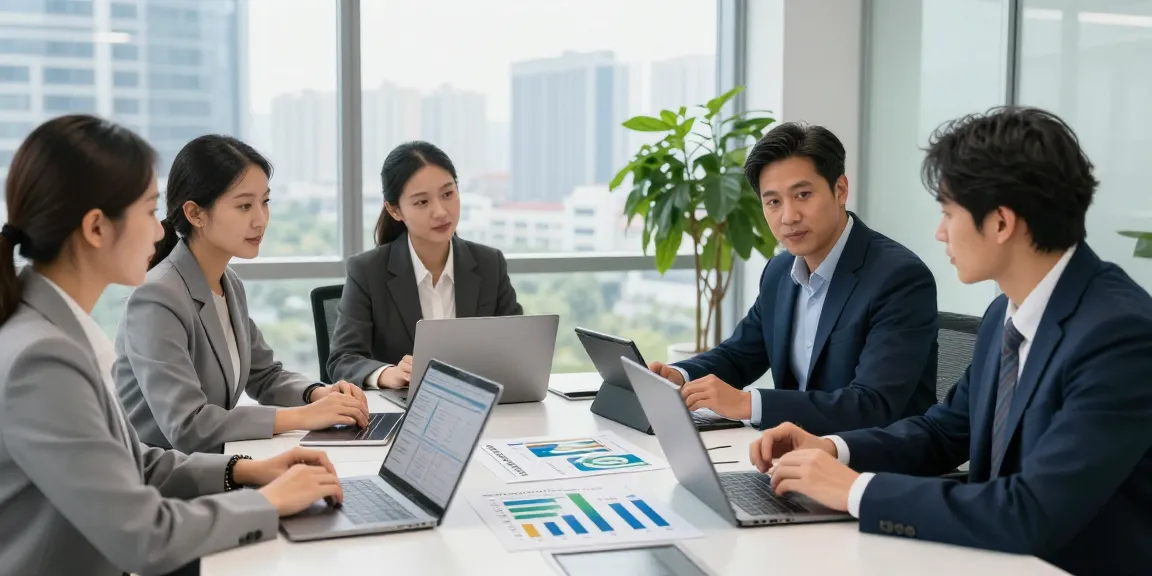 A diverse team discussing big 6 energy suppliers in a modern corporate office.