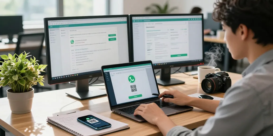 Busy office scene with professional using WhatsApp網頁版 on a laptop, vibrant and inviting workspace.