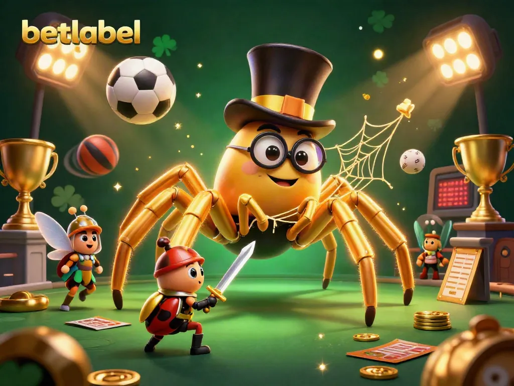 Immerse yourself in betlabel's thrilling casino scene featuring a giant tarantula and beetle knight among dynamic sports elements.