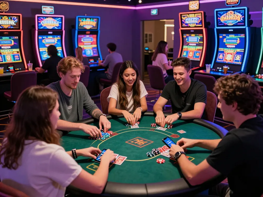 Diverse group enjoying MM88 gaming experience at a vibrant online casino.