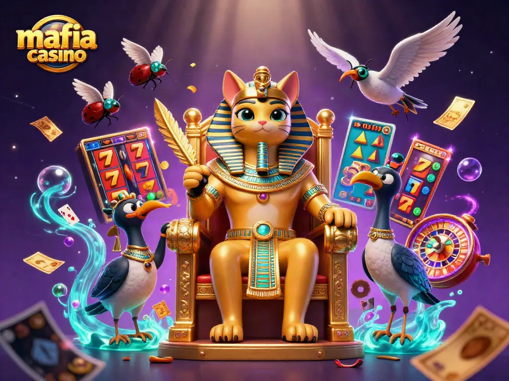 Engage in mafia casino action with a festive 3D scene of characters and vibrant gaming elements.