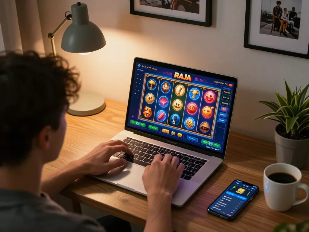 Pemain menikmati permainan raja slot di laptop mereka, menampilkan grafik yang cerah dan aksi yang imersif.