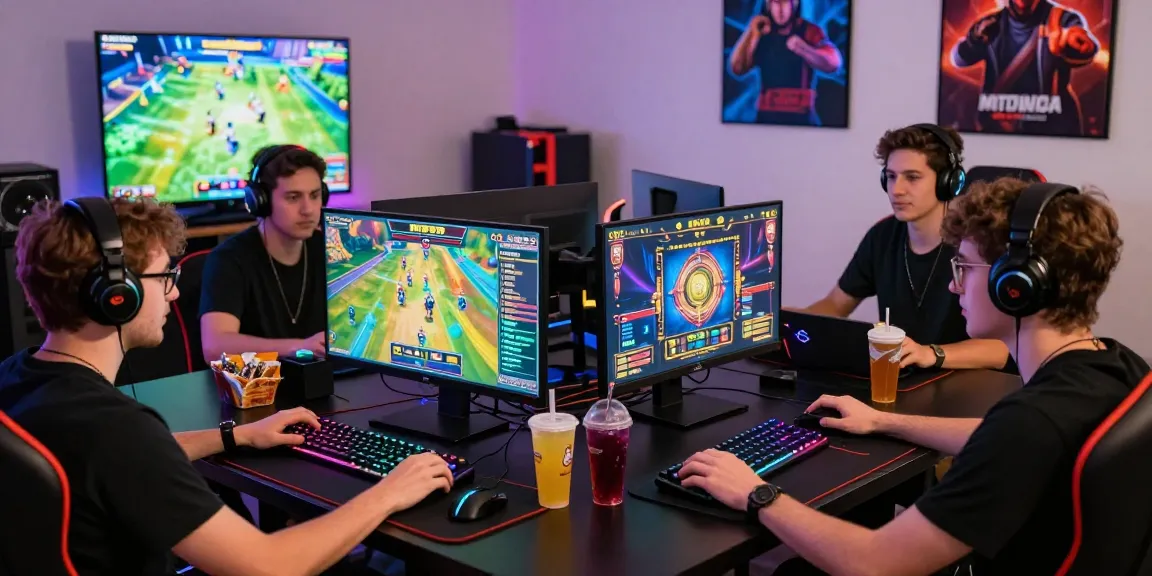 Engaging friends playing rokok88 rtp slot games on high-end gaming setup with vivid graphics.