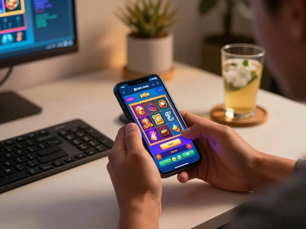 Player spins raja slot game on mobile device in cozy home setting, illustrating online gambling excitement.