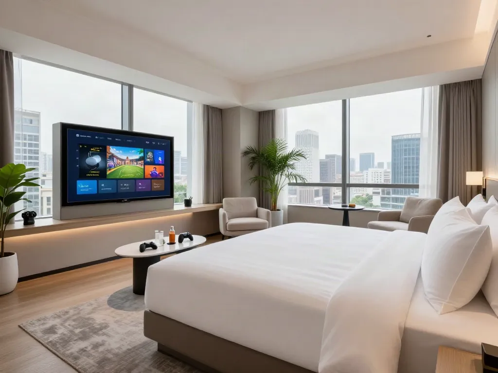 Modern hotel room at rokok88, featuring a cozy bed and gaming setup for relaxation.
