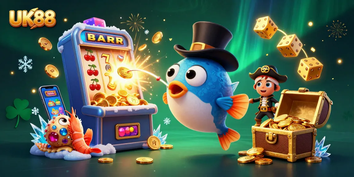 The 3D cartoon scene depicting UK88 with an anglerfish, shrimp, and snail, surrounded by vibrant casino elements.