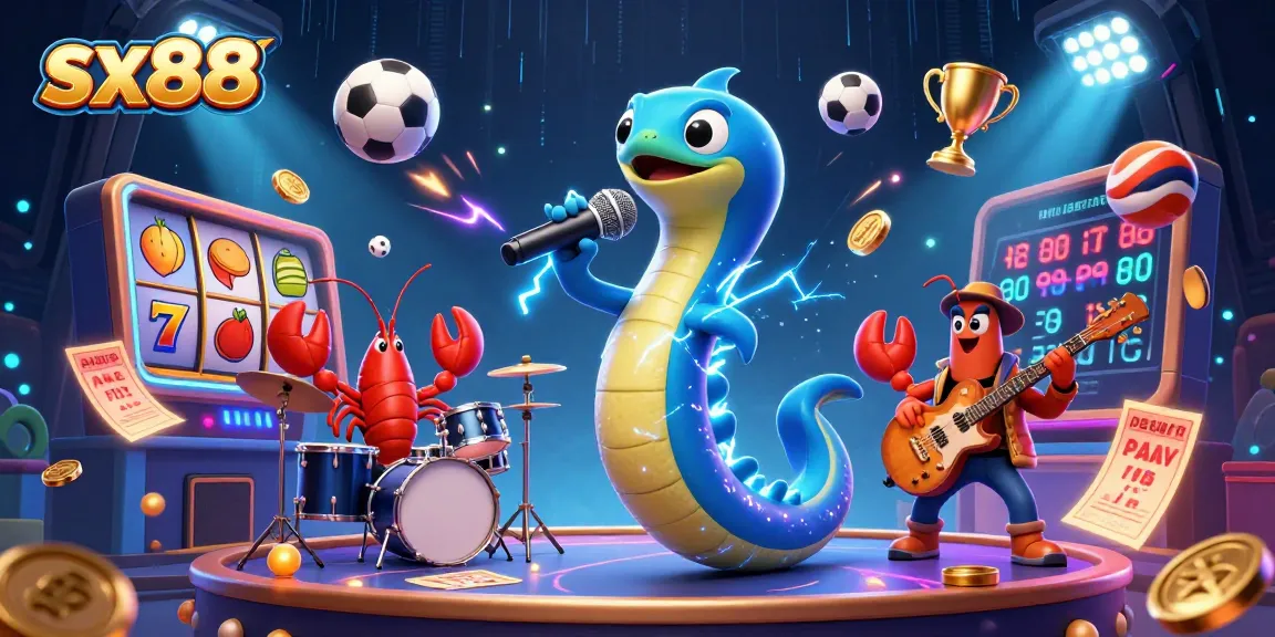 Engage with sx88's dynamic underwater casino scene featuring an electric eel DJ and lively entertainment elements.