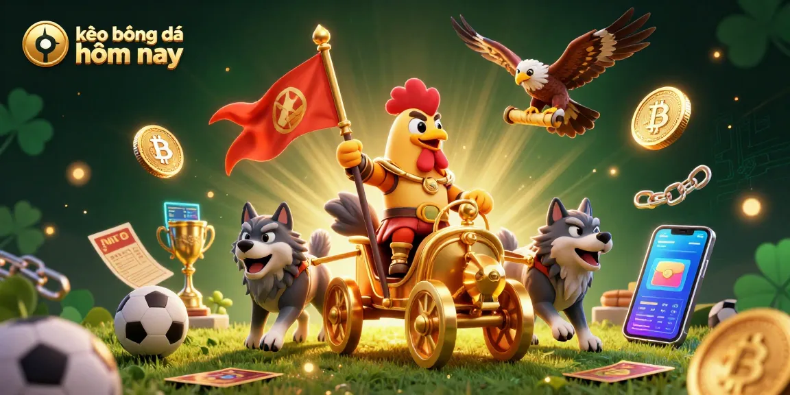 Experience kèo bóng đá hôm nay with this dynamic illustration of a rooster warlord and sports elements.