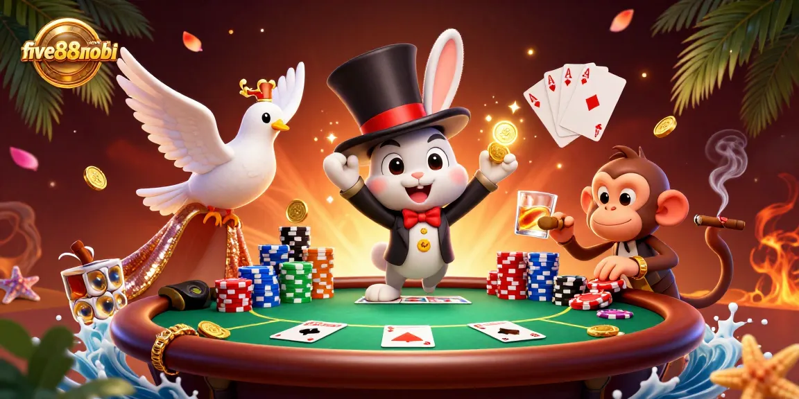 Experience the thrilling action at five88mobi with a magician rabbit and playful characters at a vibrant casino scene.