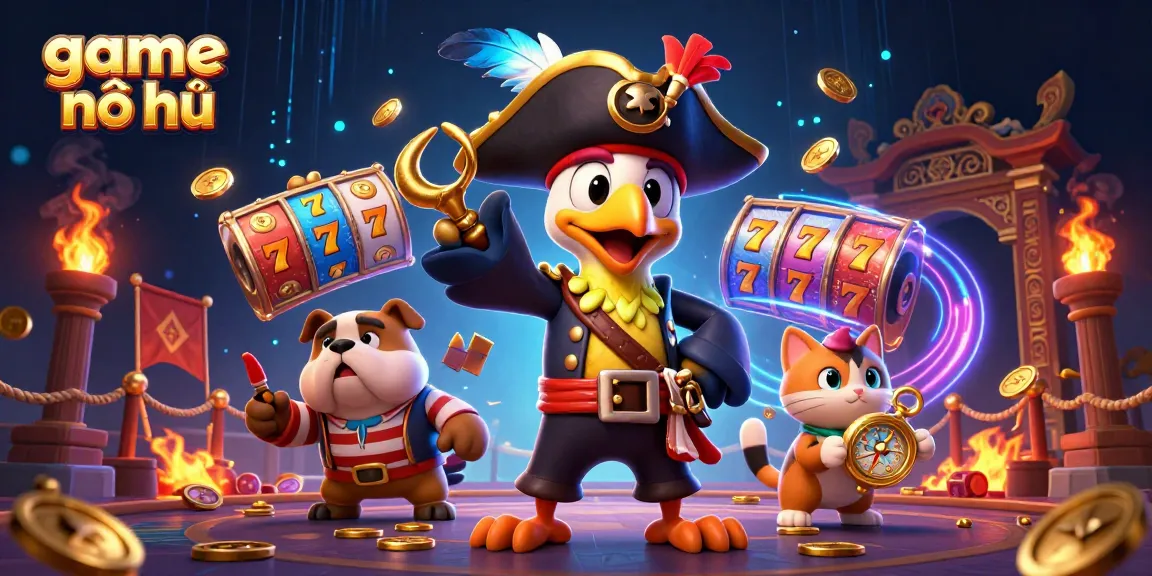 Spin the game nổ hũ reels with vibrant graphics featuring a pirate captain, bulldog, and cat.