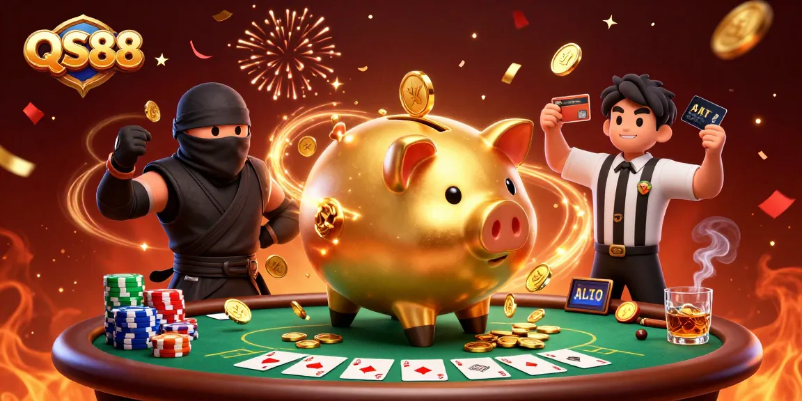 Experience thrill with QS88 in a dynamic gambling scene featuring a golden piggy bank and poker elements.