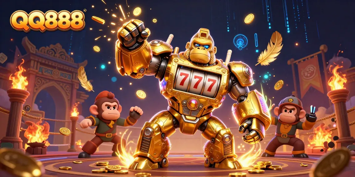 Experience thrilling wins at QQ888 with an action-packed 3D casino scene featuring a golden gorilla mech!