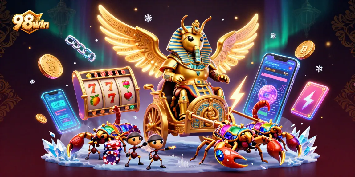 Win big with 98win while exploring vibrant online slot games featuring a golden beetle and scorpions.