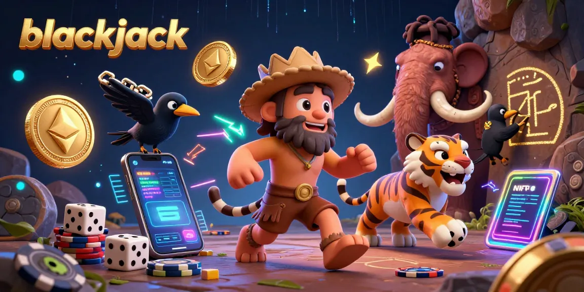 Experience exciting blackjack action with a caveman duo surrounded by vibrant crypto elements.