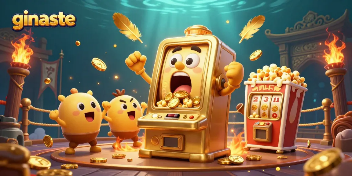 ginaste slot machine hitting a jackpot while coins pour out, surrounded by cheering baby slots.