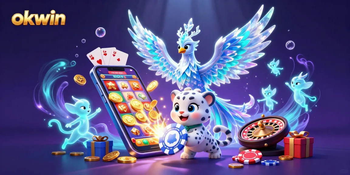 Experience thrilling action with okwin's vibrant 3D casino illustration showcasing a lively scene of gaming excitement.