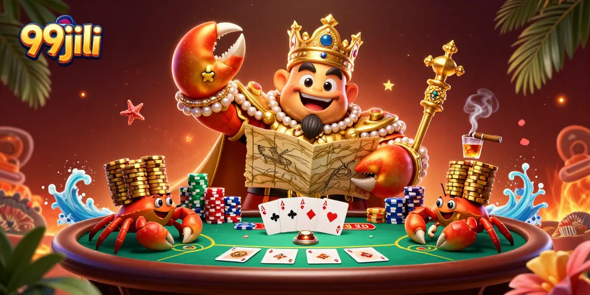 Experience 99jili's thrilling poker action with a vibrant crab emperor and dynamic chips.